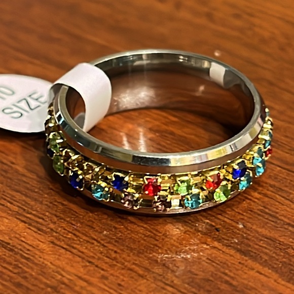 NWT multi-colored faux gemstones SILVER tone spinner ring, Men/Women size 10 - Picture 6 of 8